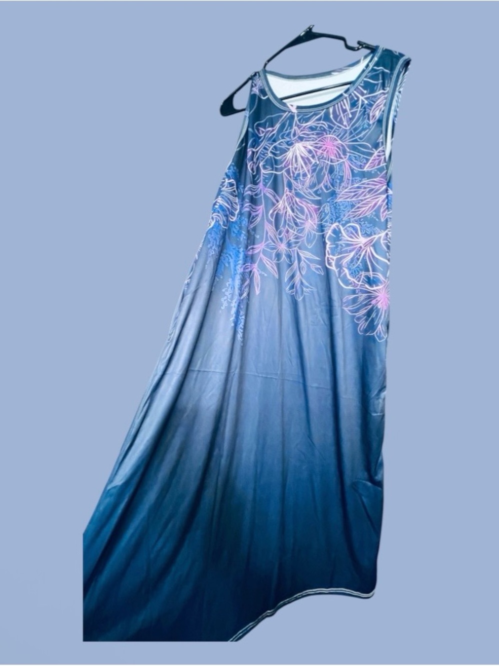 Blue Ombre Floral Sleeveless Maxi Dress XL Relaxed Flowy Boho